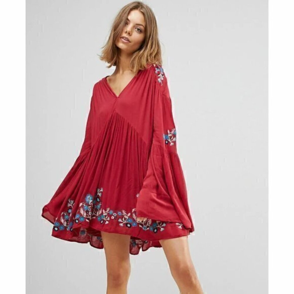 Free People Red Te Amo Mini Floral Bell Sleeve Dress Size XS